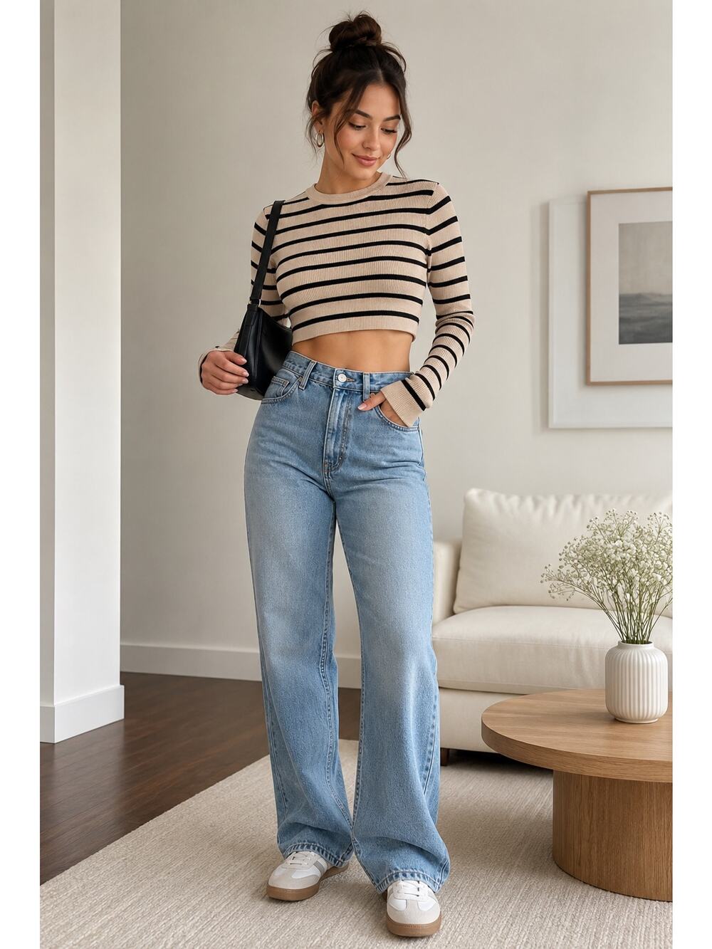 Klesis Striped Rib Knit Cropped Sweater Size Small Beige Black Long Sleeve